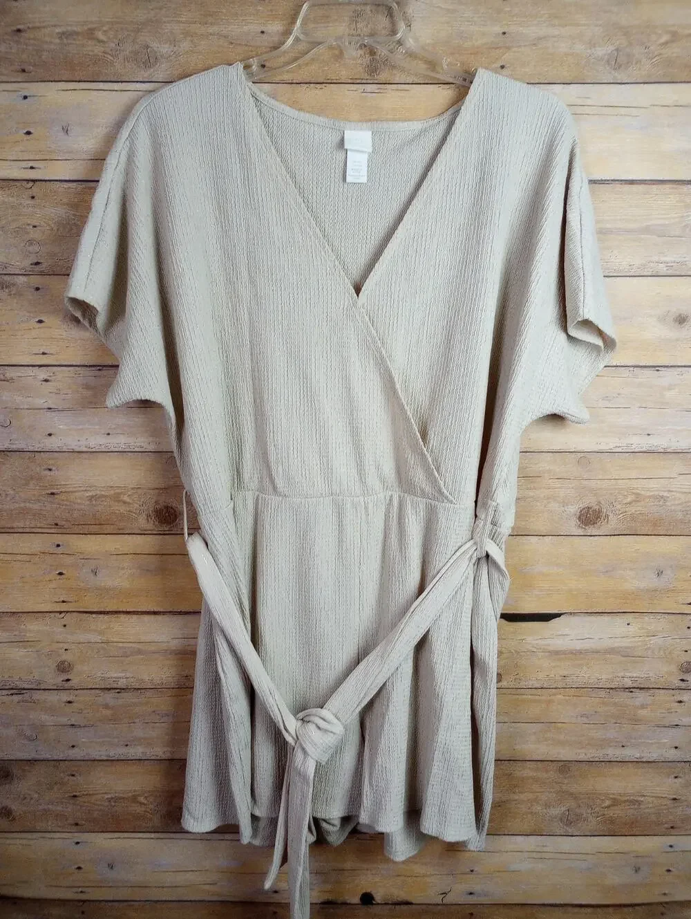 H&M Short Sleeve Romper 2XL Tan Gold V-Neck Wrap Look Self Tie Belt
